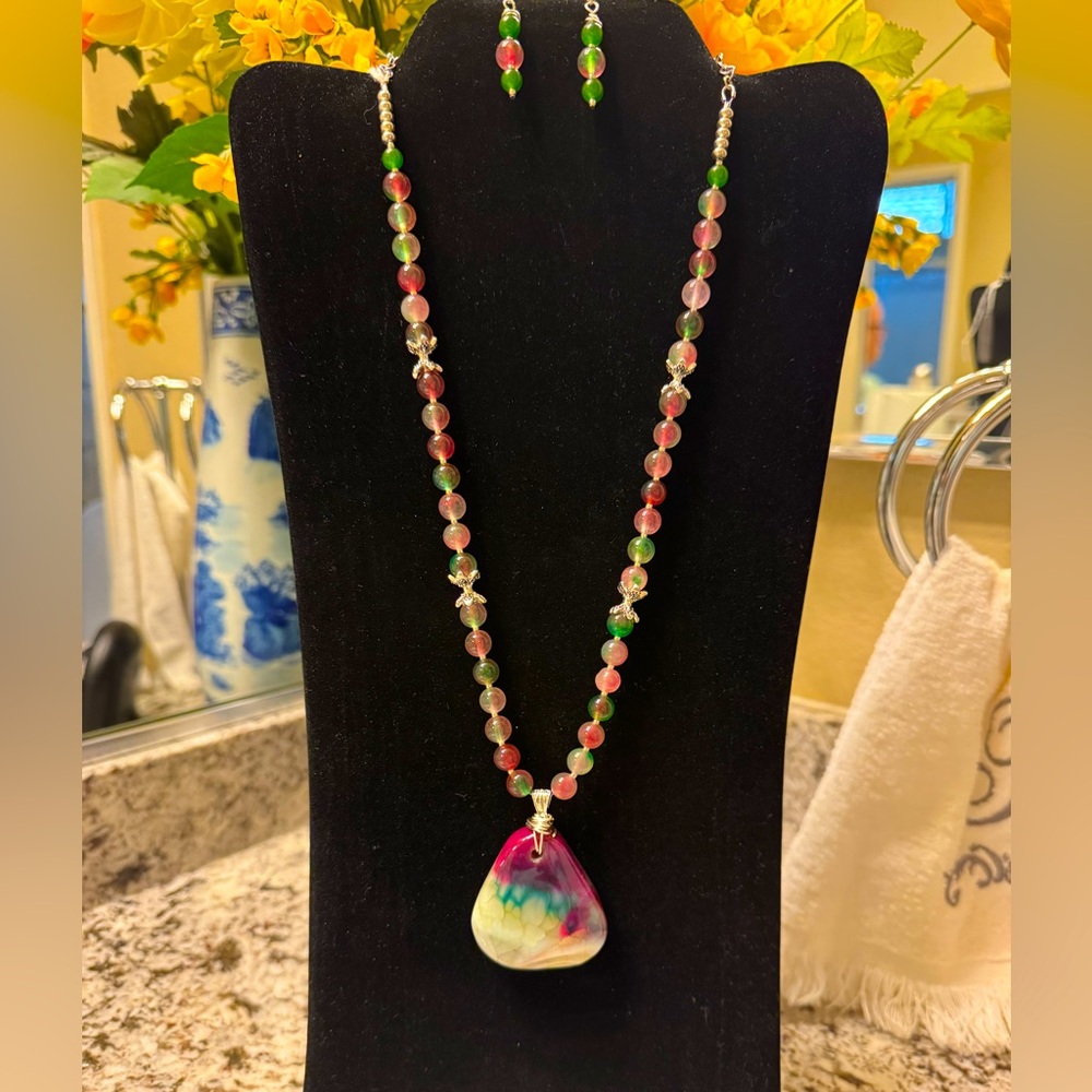 Moss Agate Pendant Necklace & Earring Set with Watermelon Tourmaline Jade Beads